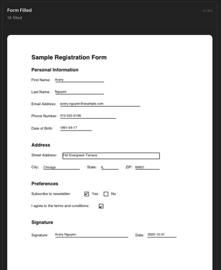Completed synthetic registration form rendered as a PDF