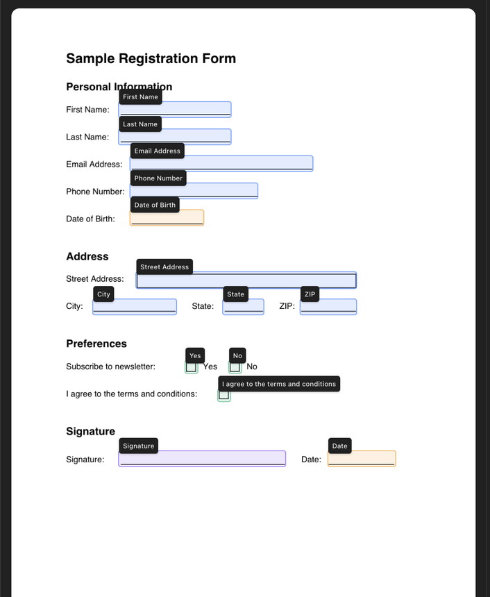 Synthetic registration form with detected field outlines and labels