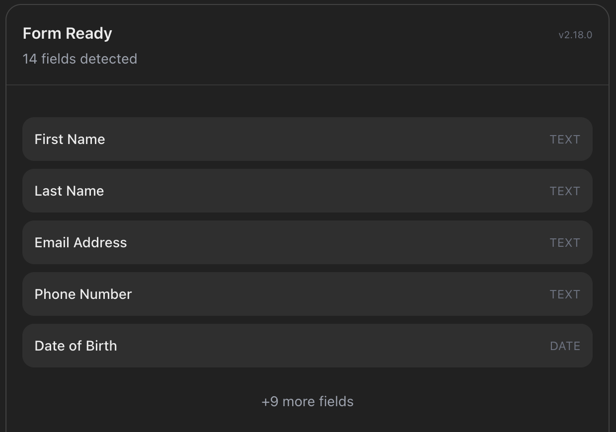 PDFSight interface listing fields found in the synthetic form
