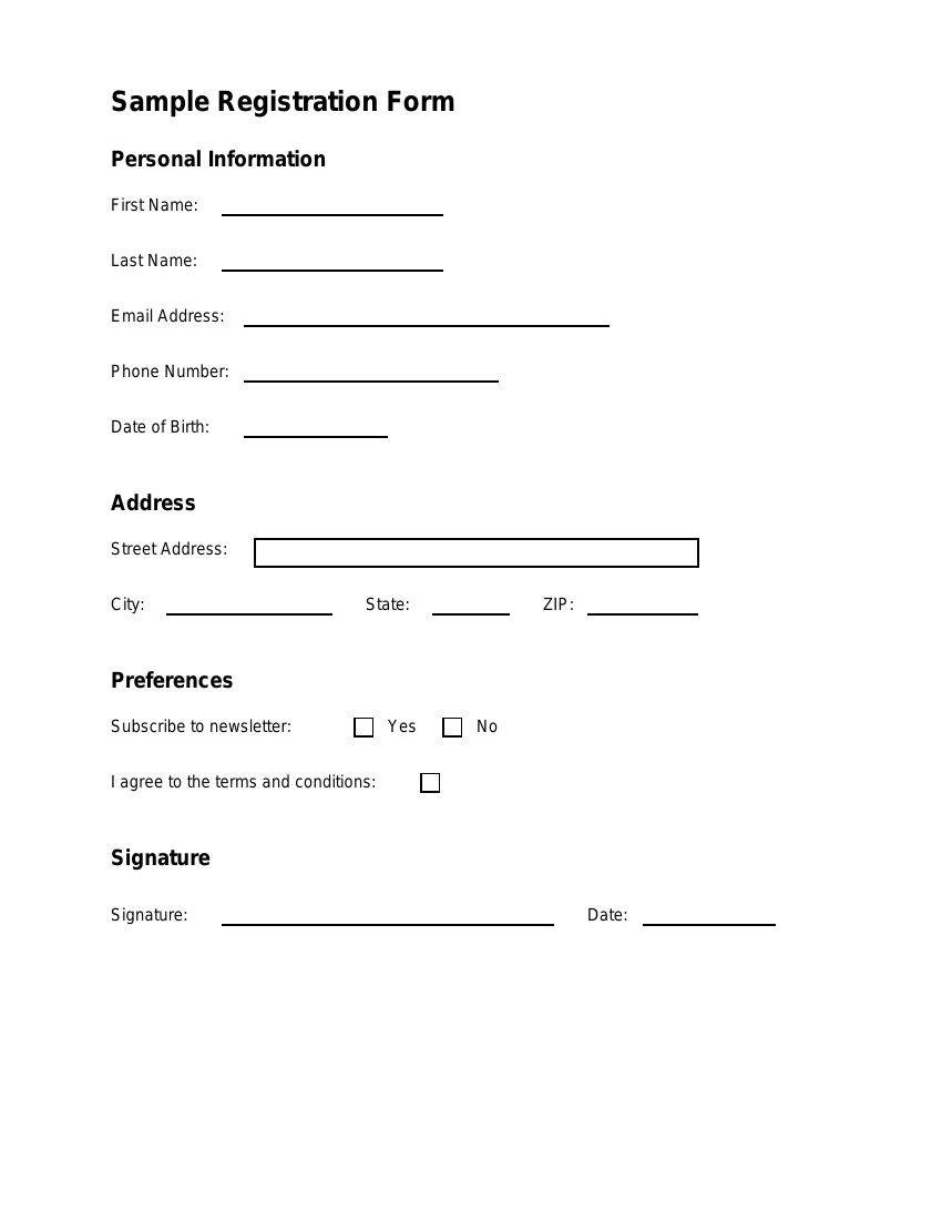 Blank synthetic registration form used for PDFSight testing